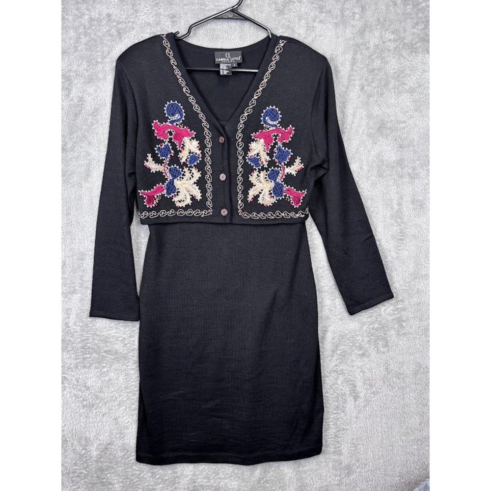 Carole Little Dress Cardigan Set L Black Wool Blend Embroidered Knit
